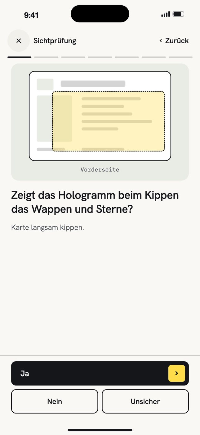 App, Sichtprüfung: Zeichnung der Vorderseite mit markiertem Hologramm. Frage: Zeigt das Hologramm beim Kippen das Wappen und Sterne? Antworten Ja, Nein, Unsicher.